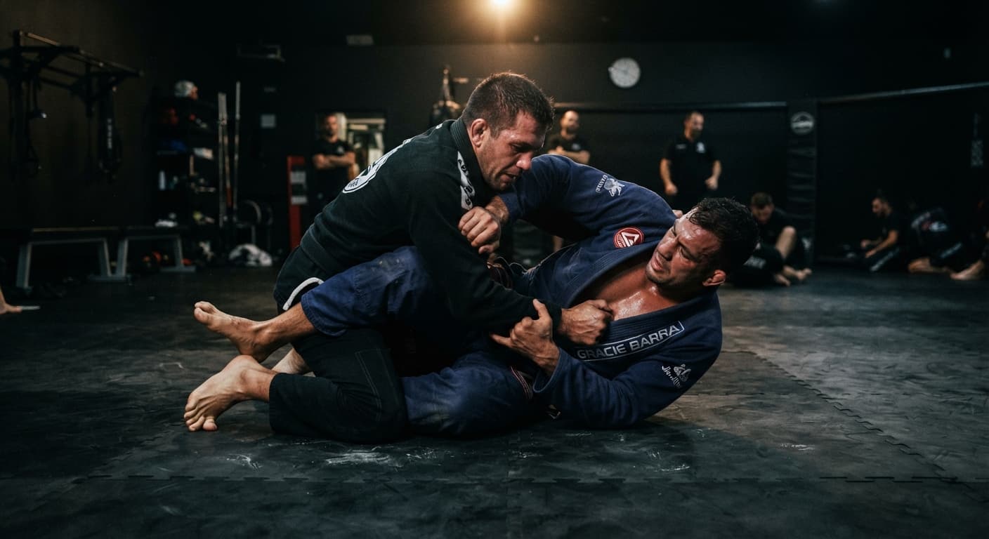 Brazilian Jiu-Jitsu practitioners grappling on the mat in an academy